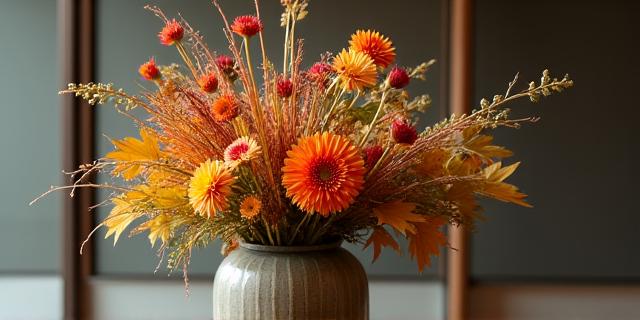 和風の花器に生けられた秋の草花アレンジメント